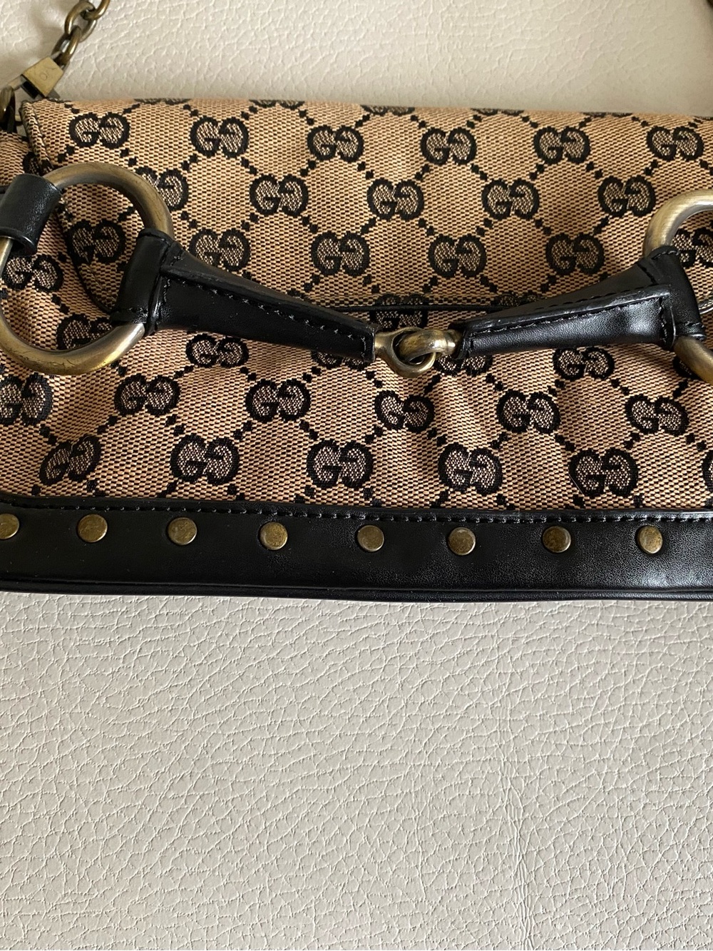 Gucci Beige/Brown GG Canvas Shoulder Bag with Black Leather Trim - Picture 2 of 14